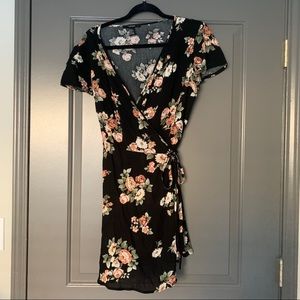 Black floral wrap dress